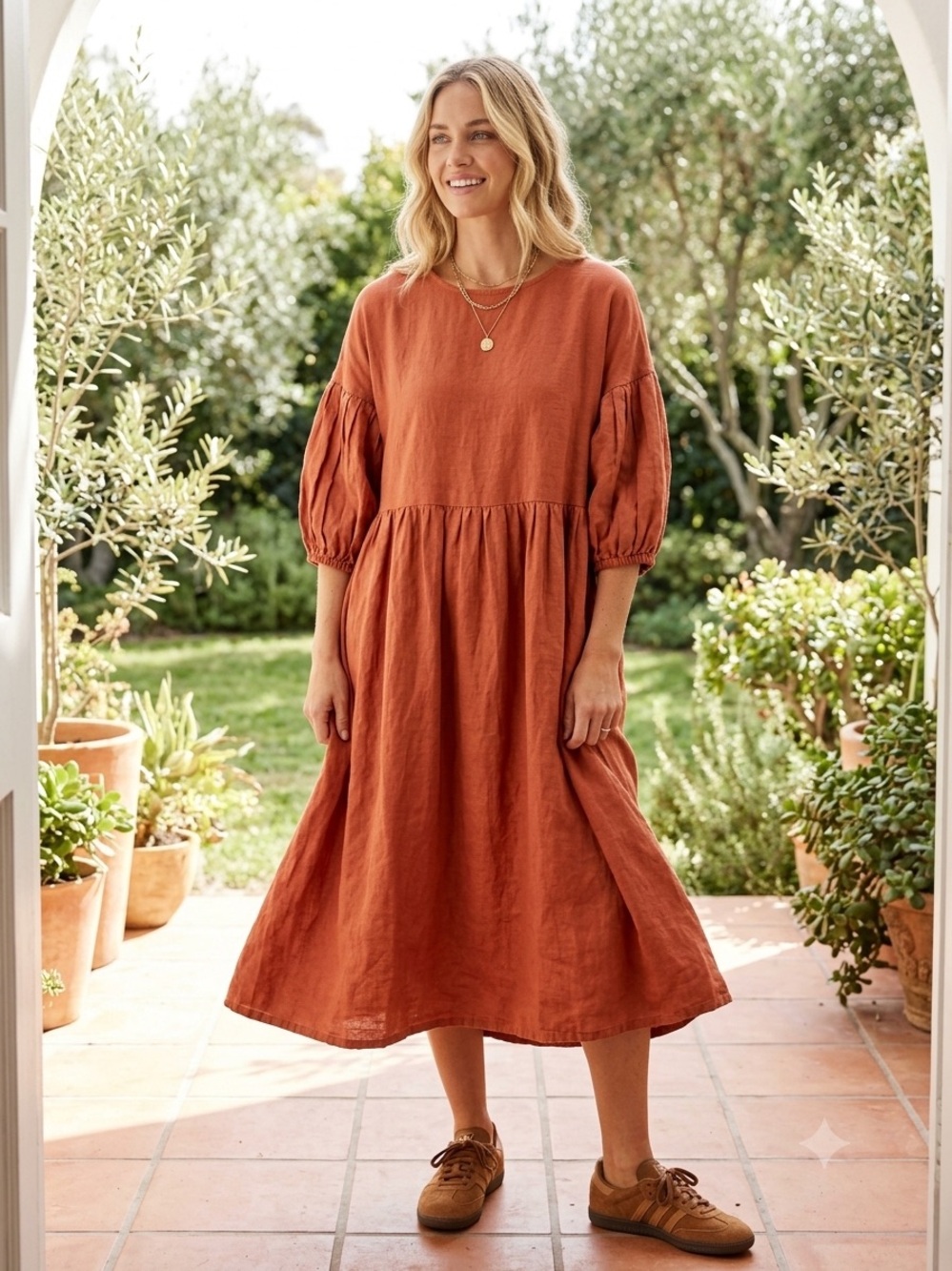 Simply Grey 100% Linen Rust Midi Dress Sz M/L